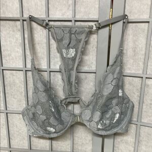 Elegant Gray Lace Bra, 34B.